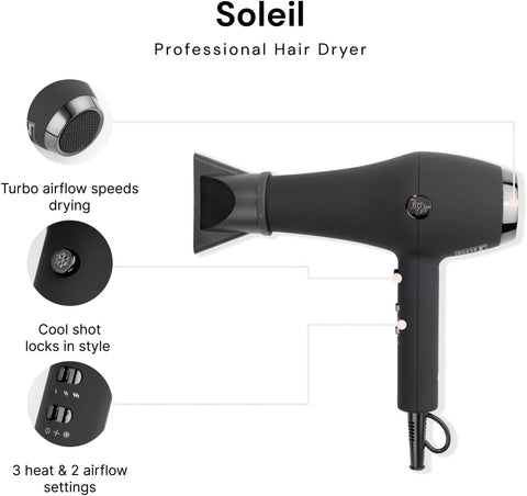 L’Ange Hair Soleil Professional Hair Dryer | Fast Drying Ionic Blow Dryer for Frizz-Free Results | 3 Heat Settings with Cool Shot Feature | Lightweight Hairdryer with Concentrator 1875W | Black