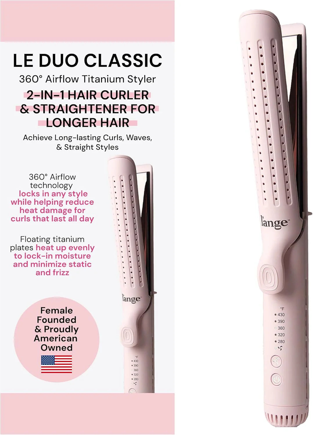 L'ANGE HAIR Le Duo Grande 360° Airflow 2 in 1 Straightener and Curler | 1 Inch Curling Wand & Titanium Flat Iron with 5.3" Plates | Hair Straightener & Curler for Long Hair (Blush)