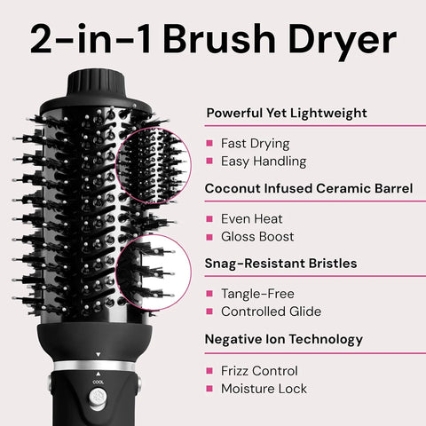 L'ANGE HAIR VolumeBoost 60mm 2-in-1 Ceramic Volumizing Brush Dryer | Fast Drying & Styling for Frizz-Free, Voluminous Blowouts | Ceramic-Coated Barrel (Black)