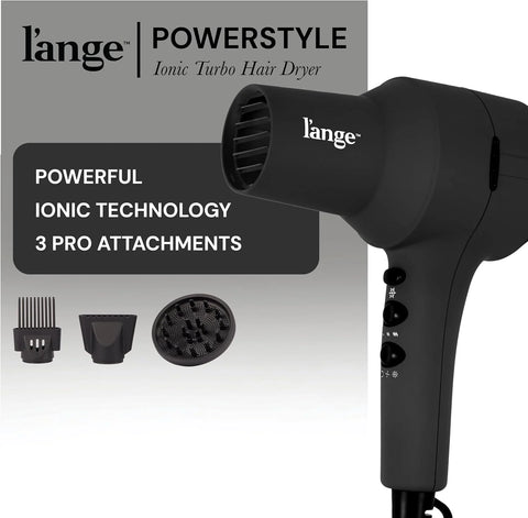 L'ANGE HAIR PowerStyle Turbo Ionic Hair Dryer | 1875 Watt Professional Blow Dryer with Diffuser & Concentrator | Multiple Heat & Speed Settings for Fast Drying | Salon-Grade Styling Tools, Black