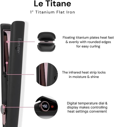 L'ANGE HAIR Le Titane Titanium Flat Iron | Hair Straightener with Curved Edges for Versatile Styling | Dual Voltage Flat Iron with Infrared Heat & Adjustable Temperature | 1" Black